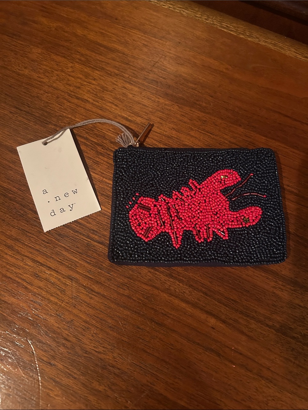 a new day Navy Beaded Card Pouch with Red Lobster Motif